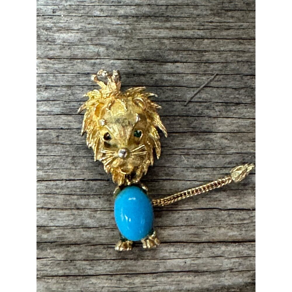 Turquoise Lucite Jelly Belly Leo Lion King Pin Brooch Articulated Tail 1 7/8" - Picture 6 of 6